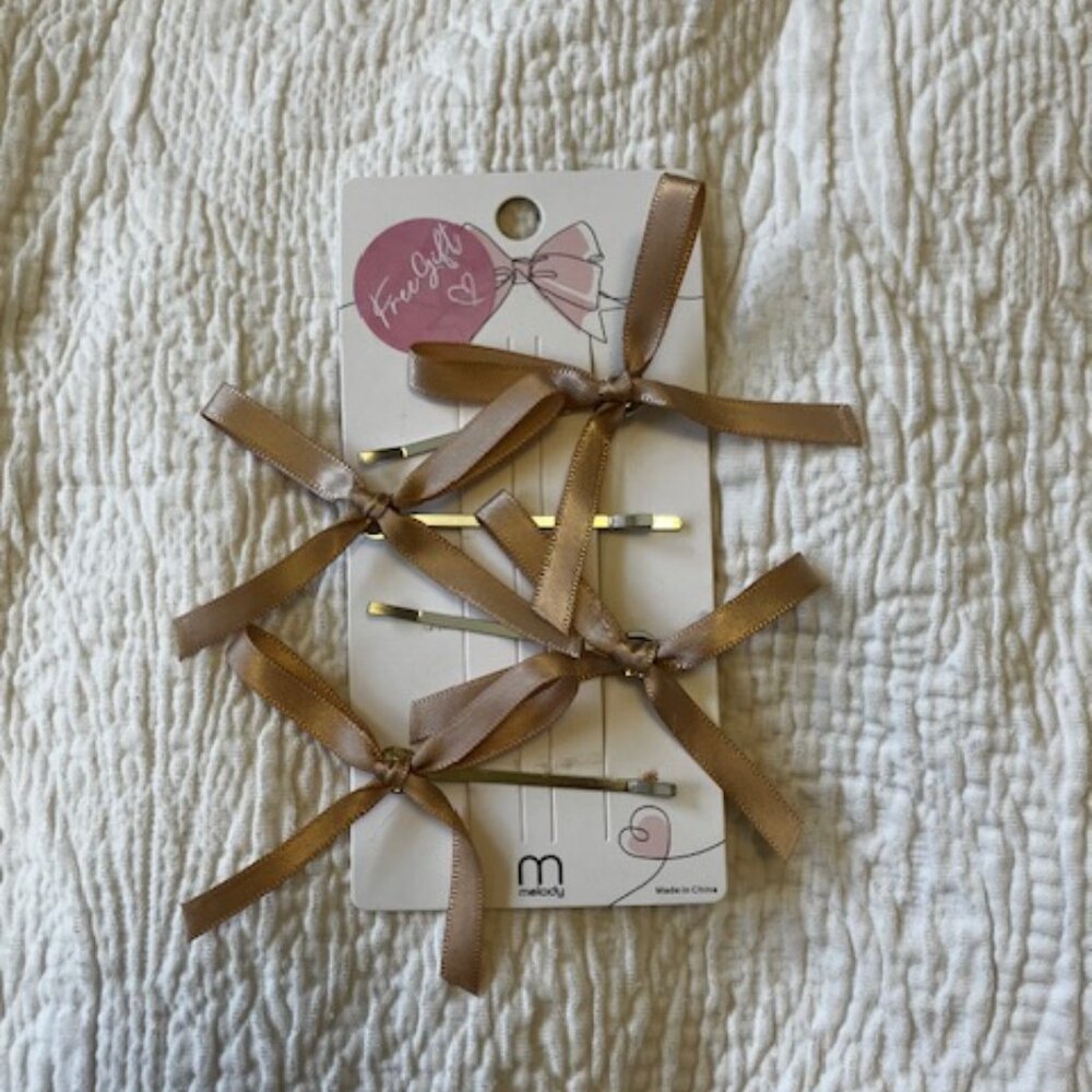Four Champagne Pink Ribbon Hair Pins NWT